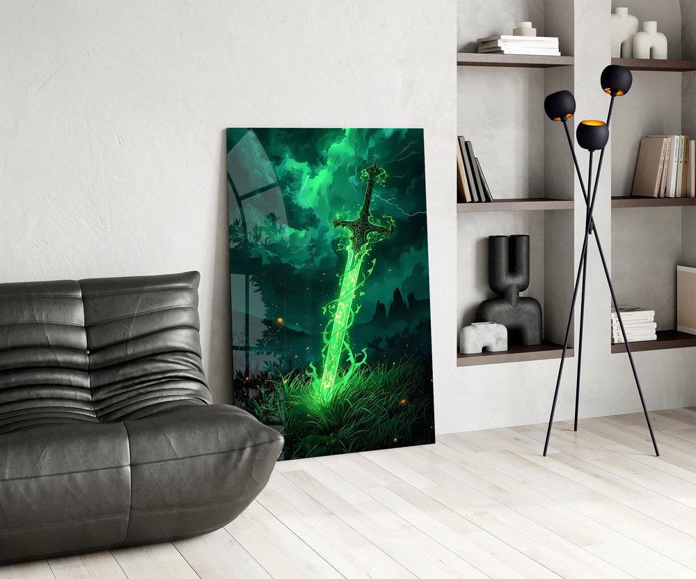 Glowing Emerald Sword Fantasy Glass Wall Art