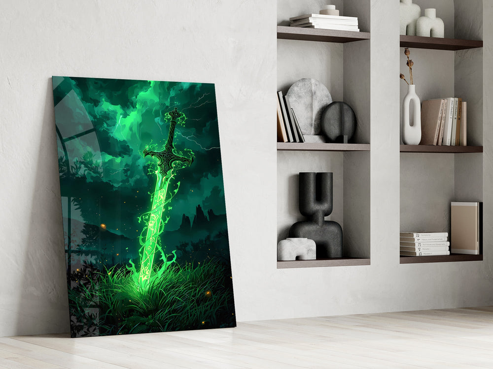 Glowing Emerald Sword Fantasy Glass Wall Art