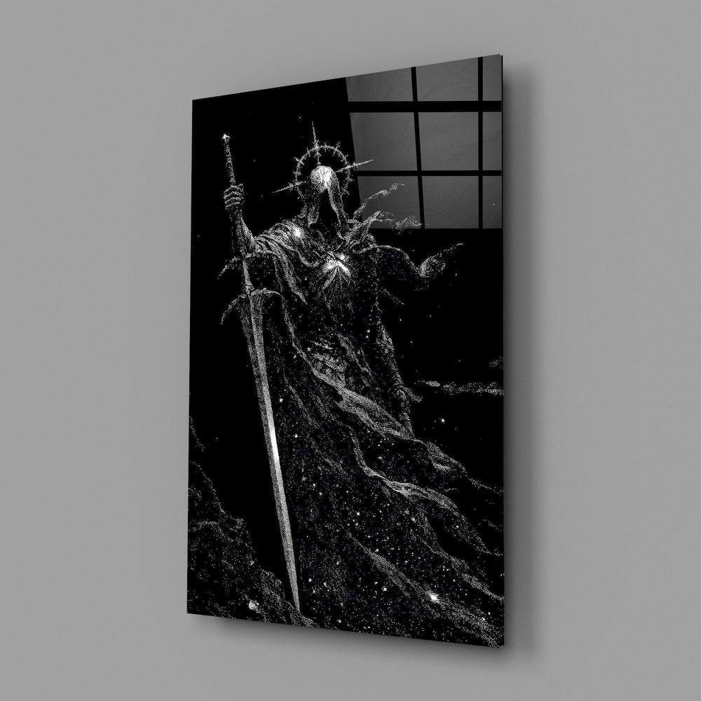Cosmic Knight Silhouette Monochrome Glass Wall Art