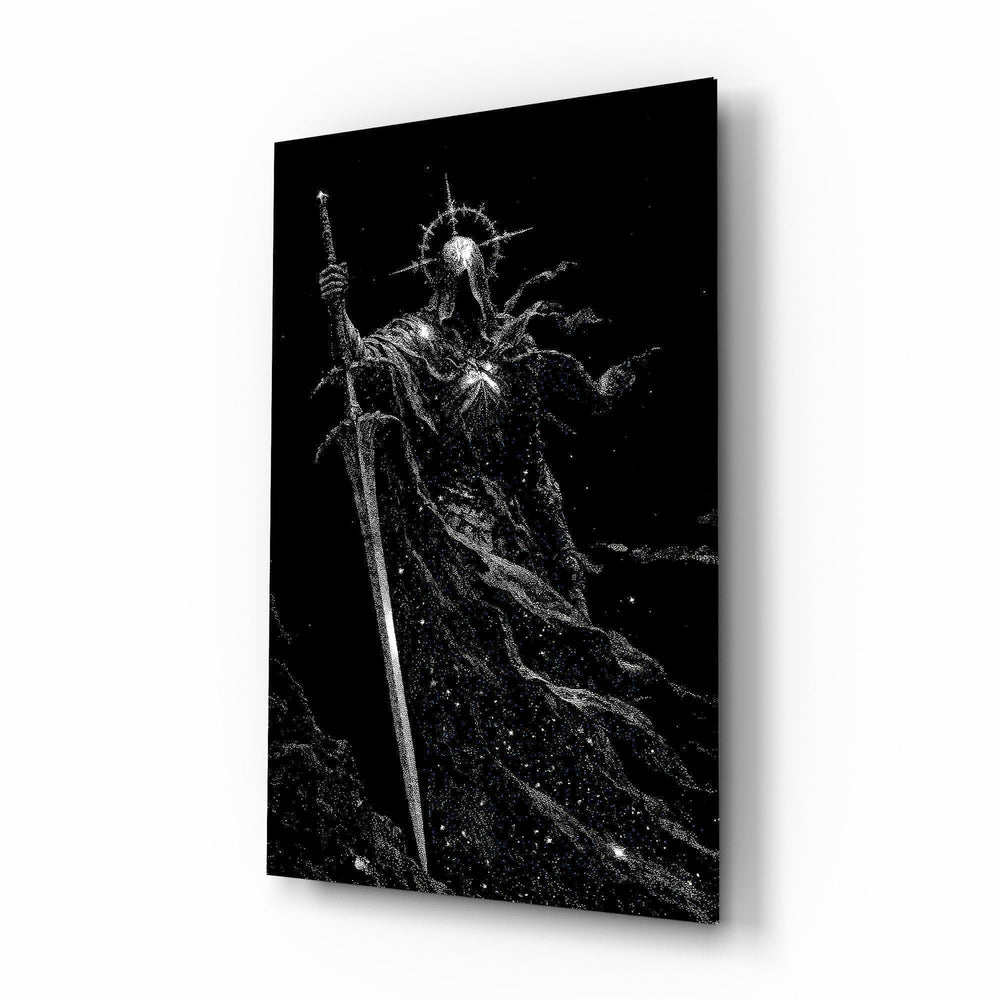 Cosmic Knight Silhouette Monochrome Glass Wall Art
