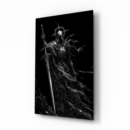 Cosmic Knight Silhouette Monochrome Glass Wall Art