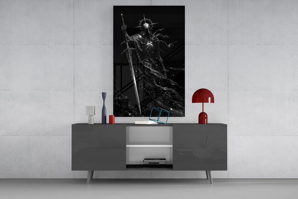 Cosmic Knight Silhouette Monochrome Glass Wall Art