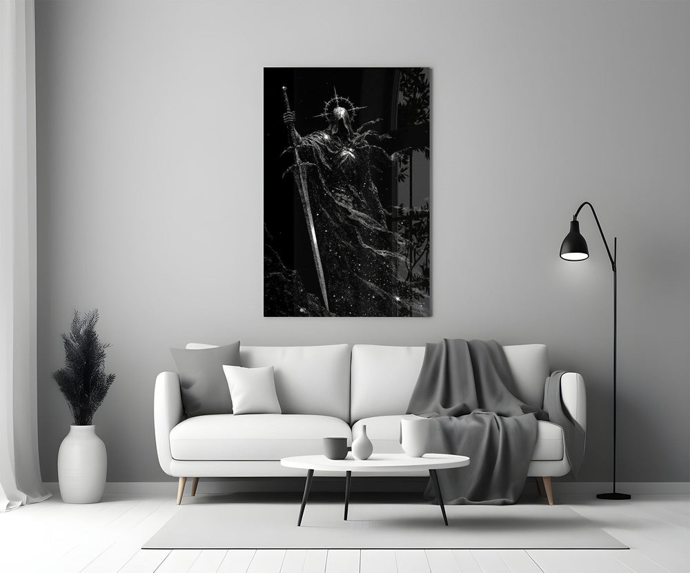 Cosmic Knight Silhouette Monochrome Glass Wall Art