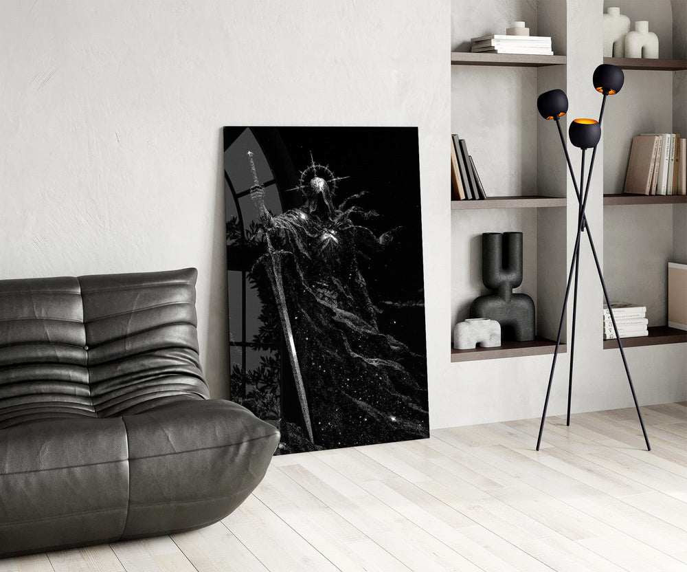 Cosmic Knight Silhouette Monochrome Glass Wall Art