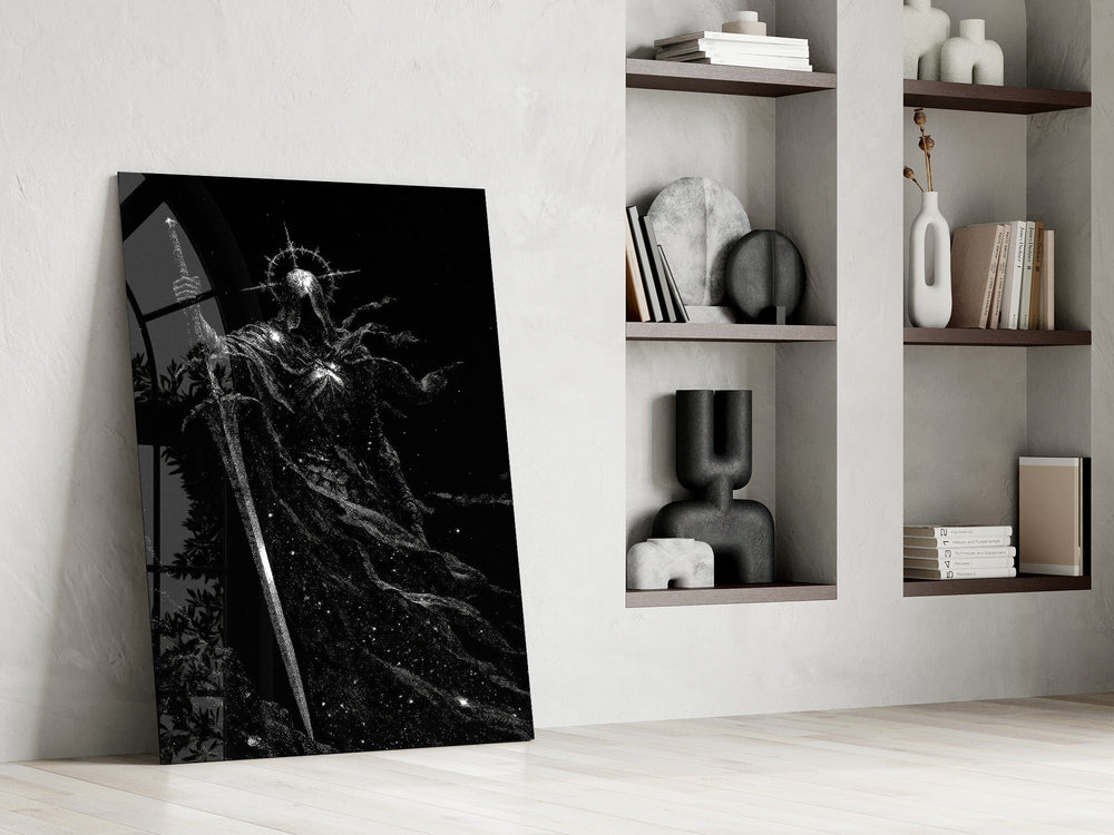 Cosmic Knight Silhouette Monochrome Glass Wall Art