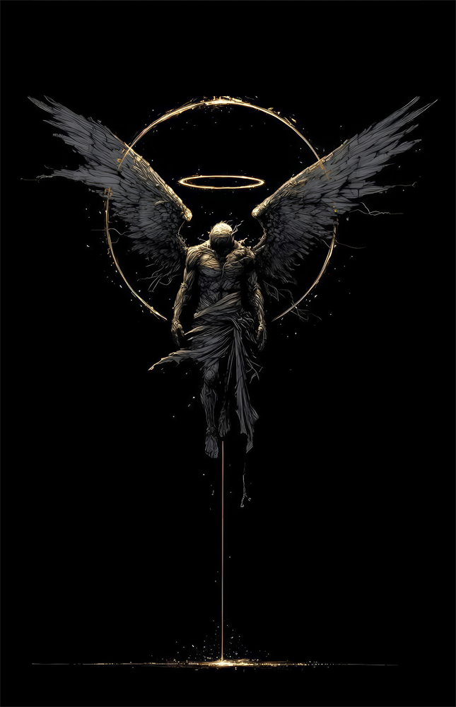 Fallen Angel with Golden Halo Dark Glass Wall Art