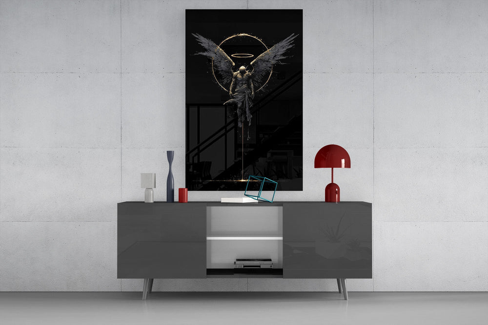 Fallen Angel with Golden Halo Dark Glass Wall Art