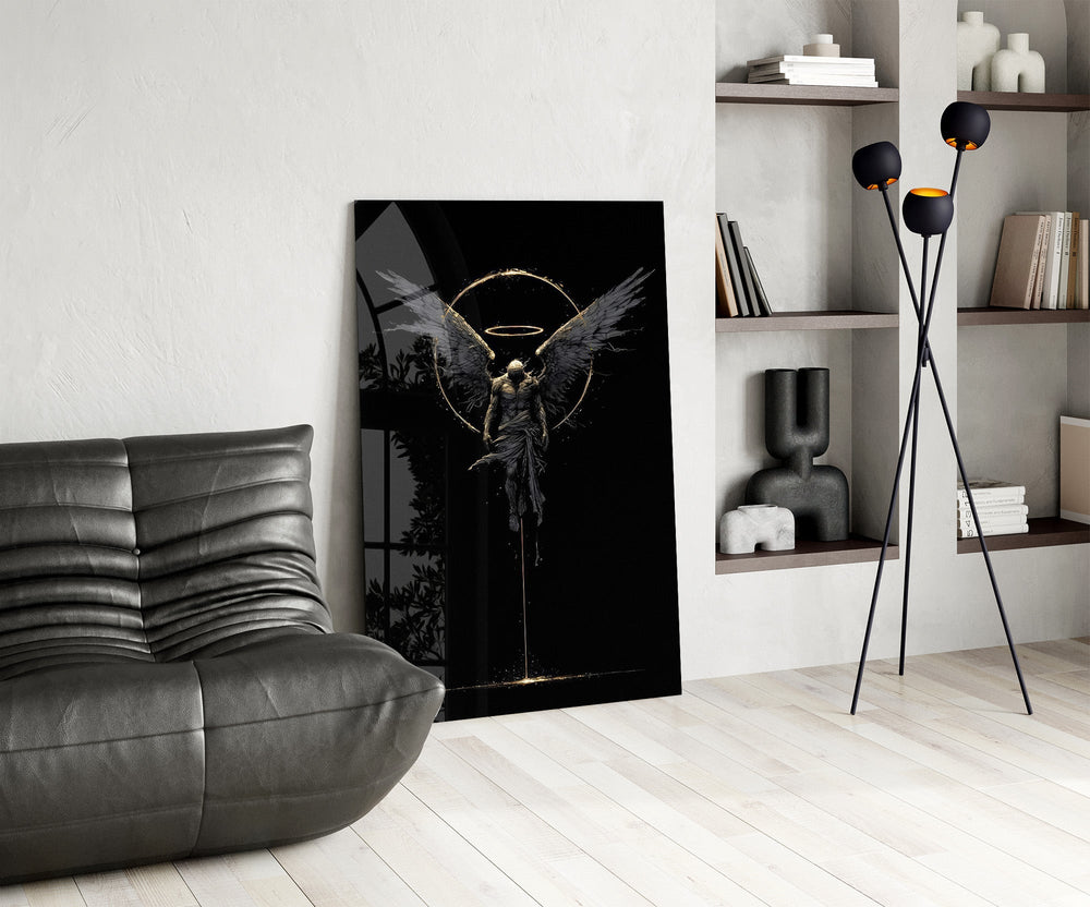 Fallen Angel with Golden Halo Dark Glass Wall Art