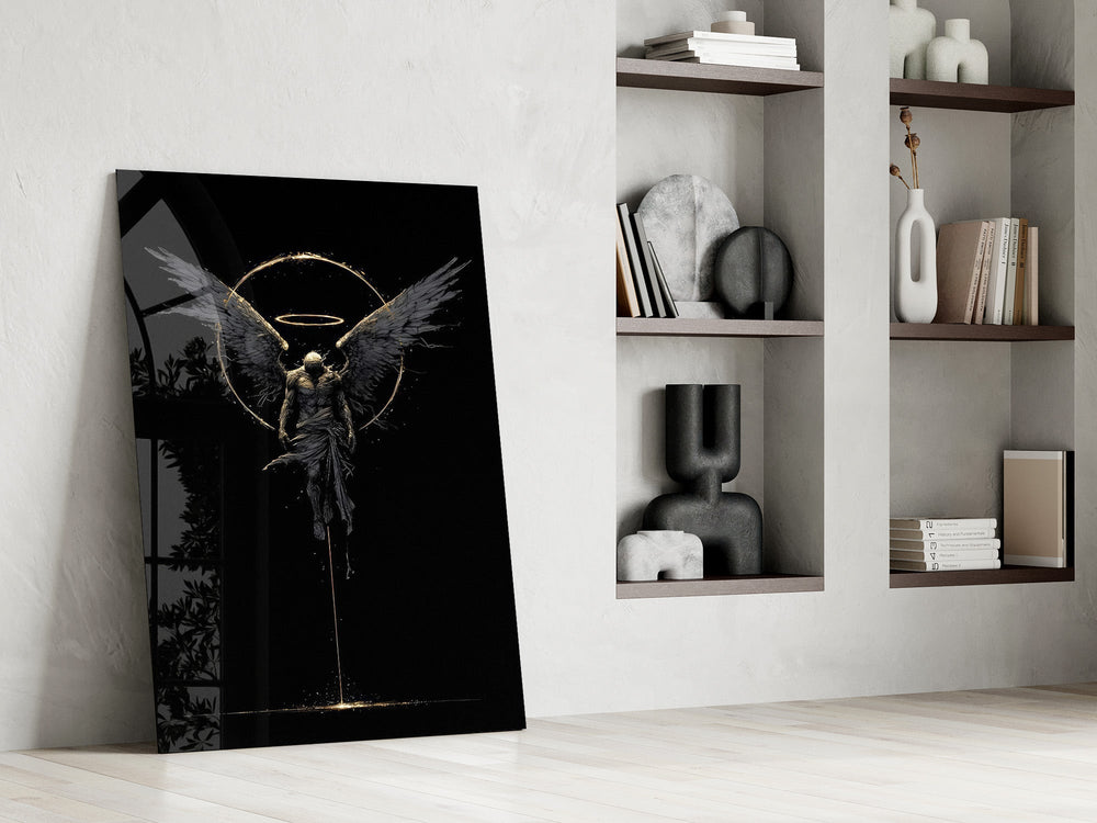Fallen Angel with Golden Halo Dark Glass Wall Art