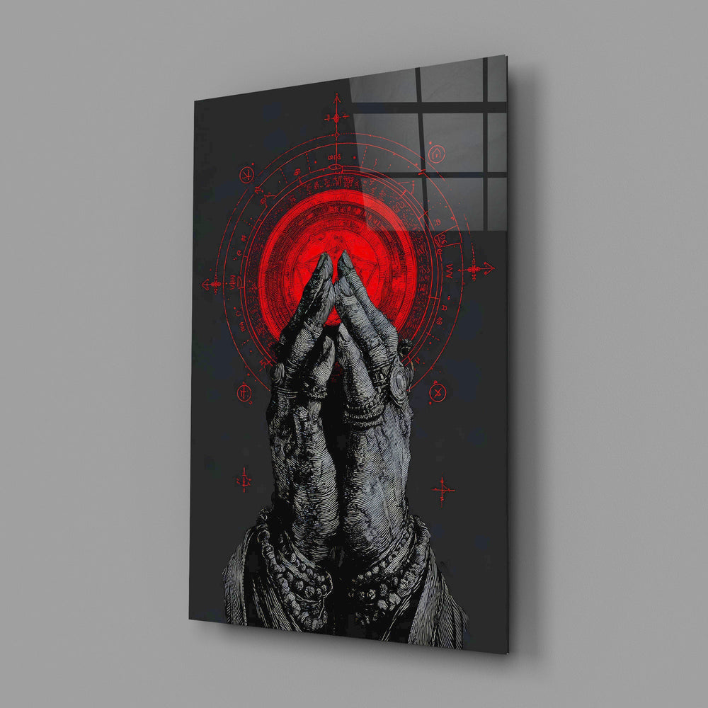 Praying Hands Red Mandala Glass Wall Art