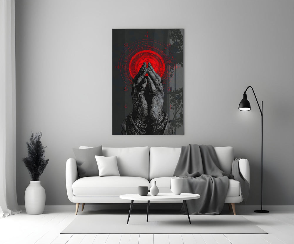 Praying Hands Red Mandala Glass Wall Art