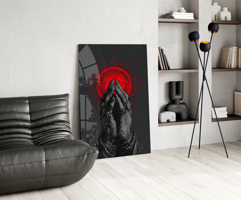 Praying Hands Red Mandala Glass Wall Art