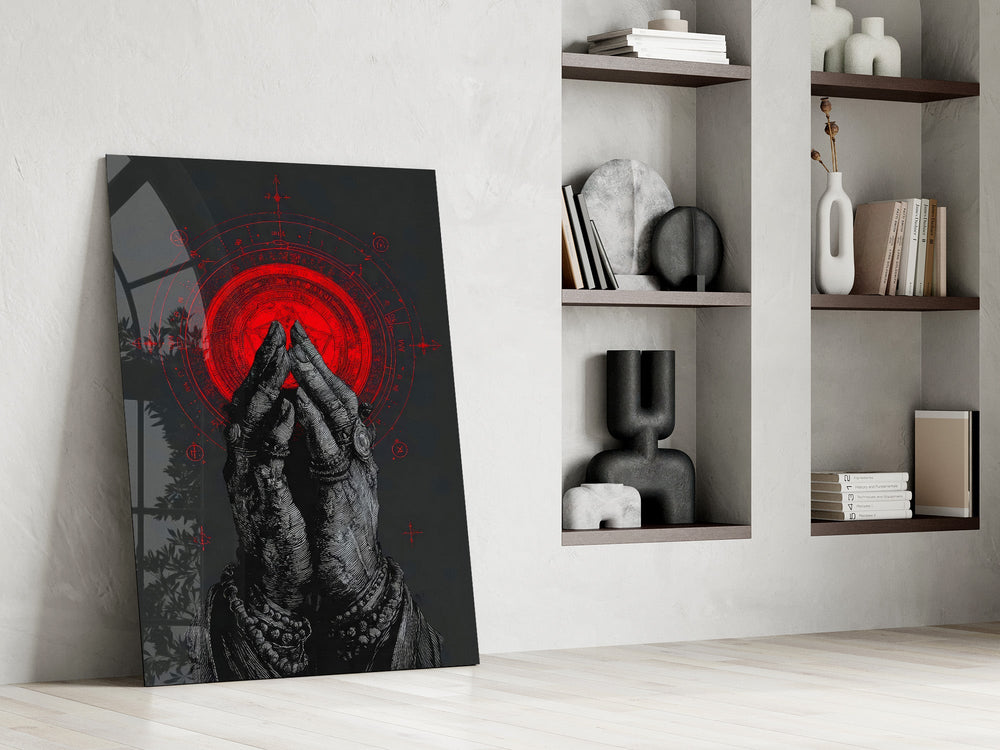 Praying Hands Red Mandala Glass Wall Art