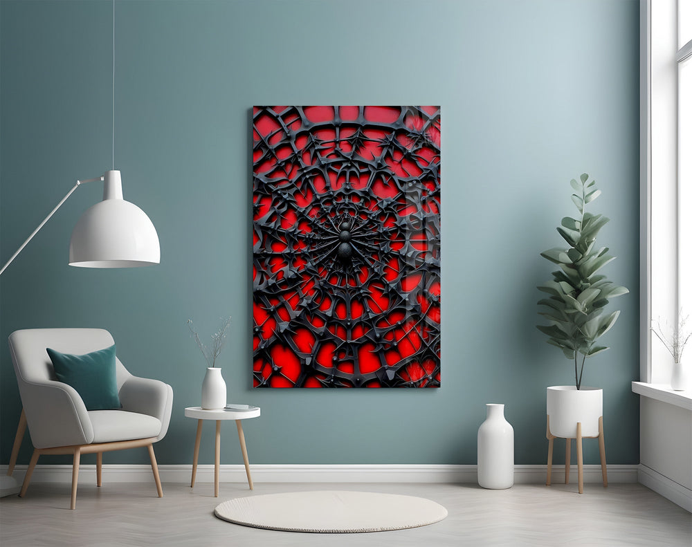 Black Spider Web on Red Gothic Glass Wall Art