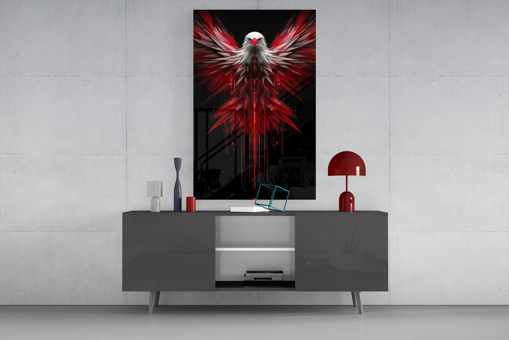 Red and White Eagle Wings Abstract Glass Wall Art