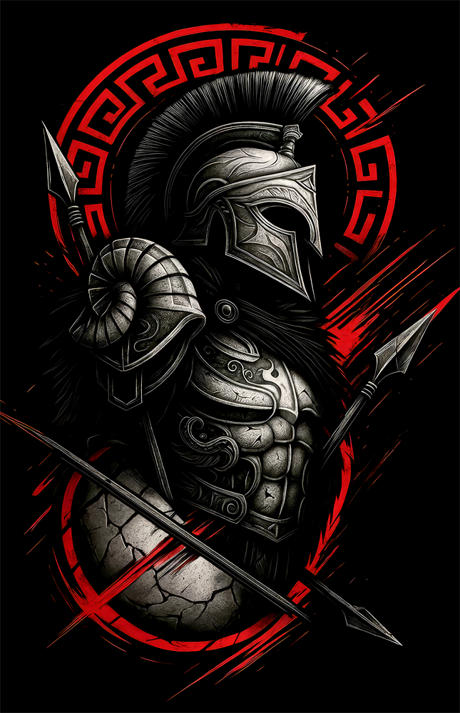 Spartan Warrior with Spears Red Greek Key Glass Wall Art