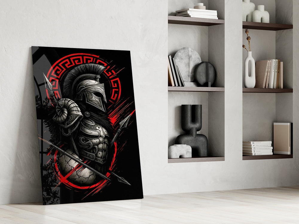Spartan Warrior with Spears Red Greek Key Glass Wall Art
