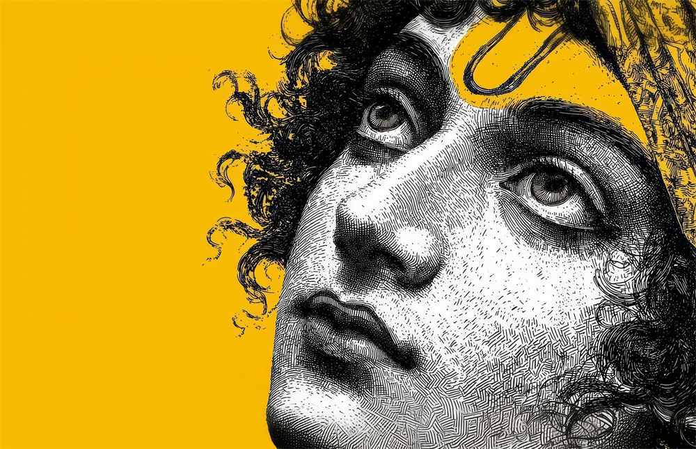 Classical Statue Face on Yellow Pop Art Glass Wall Art
