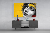 Classical Statue Face on Yellow Pop Art Glass Wall Art