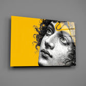 Classical Statue Face on Yellow Pop Art Glass Wall Art