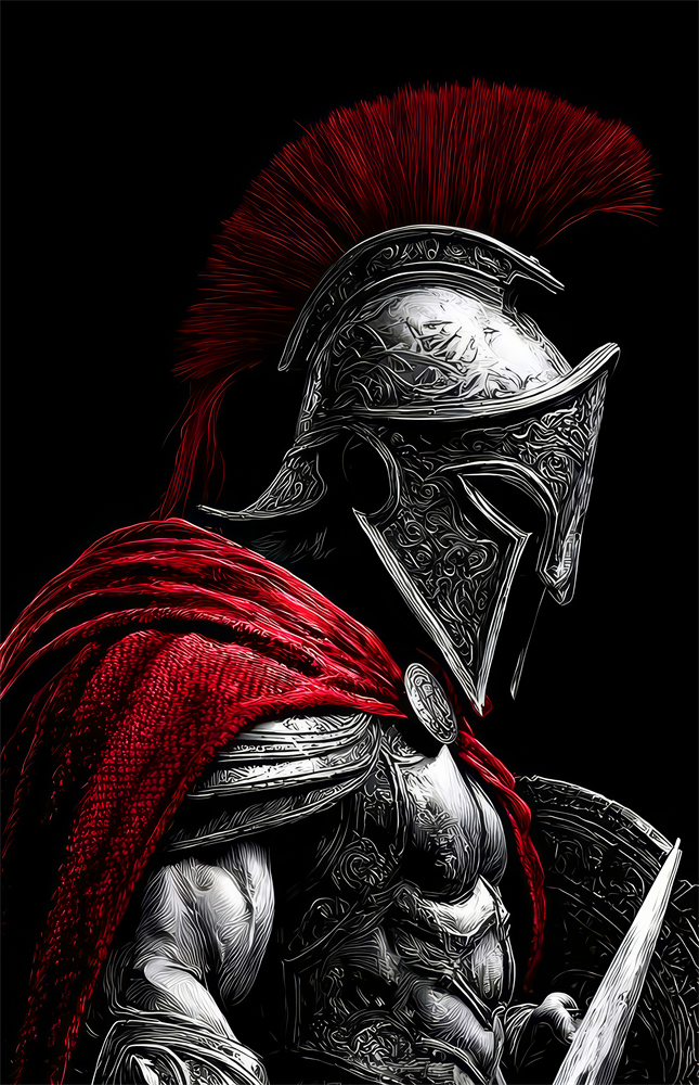 Spartan Warrior Red Cloak Silver Armour Glass Wall Art