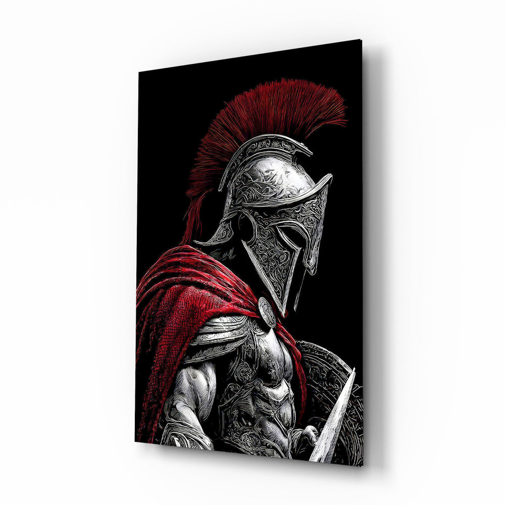Spartan Warrior Red Cloak Silver Armour Glass Wall Art
