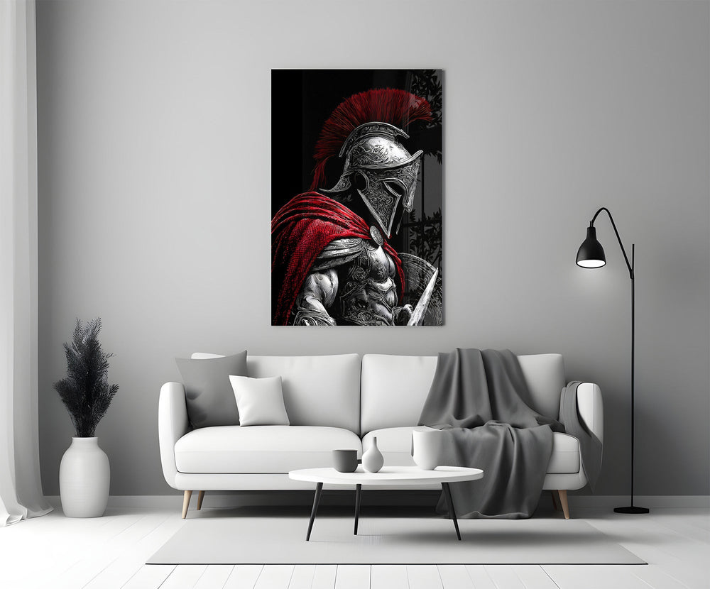 Spartan Warrior Red Cloak Silver Armour Glass Wall Art
