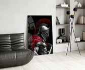 Spartan Warrior Red Cloak Silver Armour Glass Wall Art