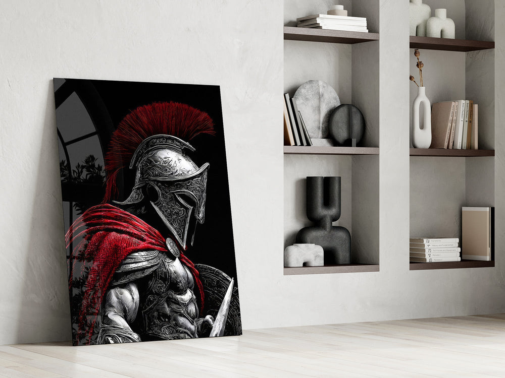 Spartan Warrior Red Cloak Silver Armour Glass Wall Art