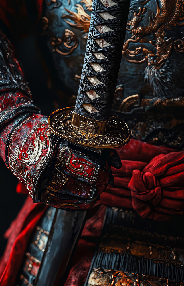 Samurai Katana Hilt and Armour Detail Glass Wall Art