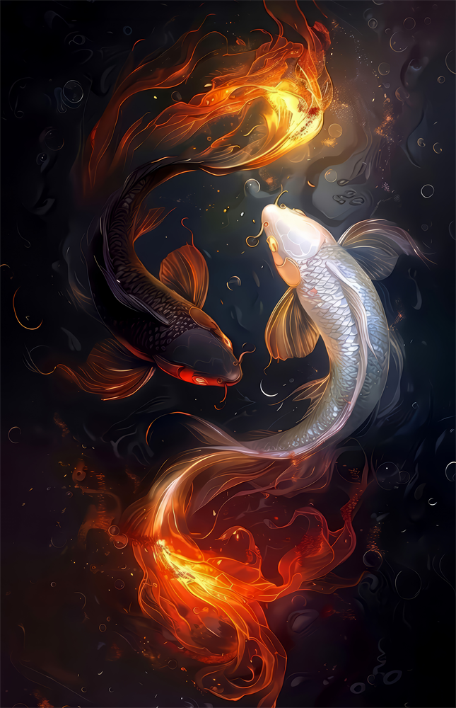 Fire and Silver Koi Yin Yang Glass Wall Art