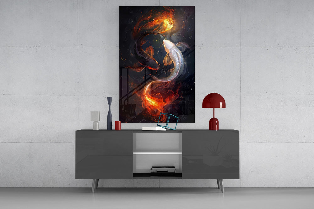 Fire and Silver Koi Yin Yang Glass Wall Art
