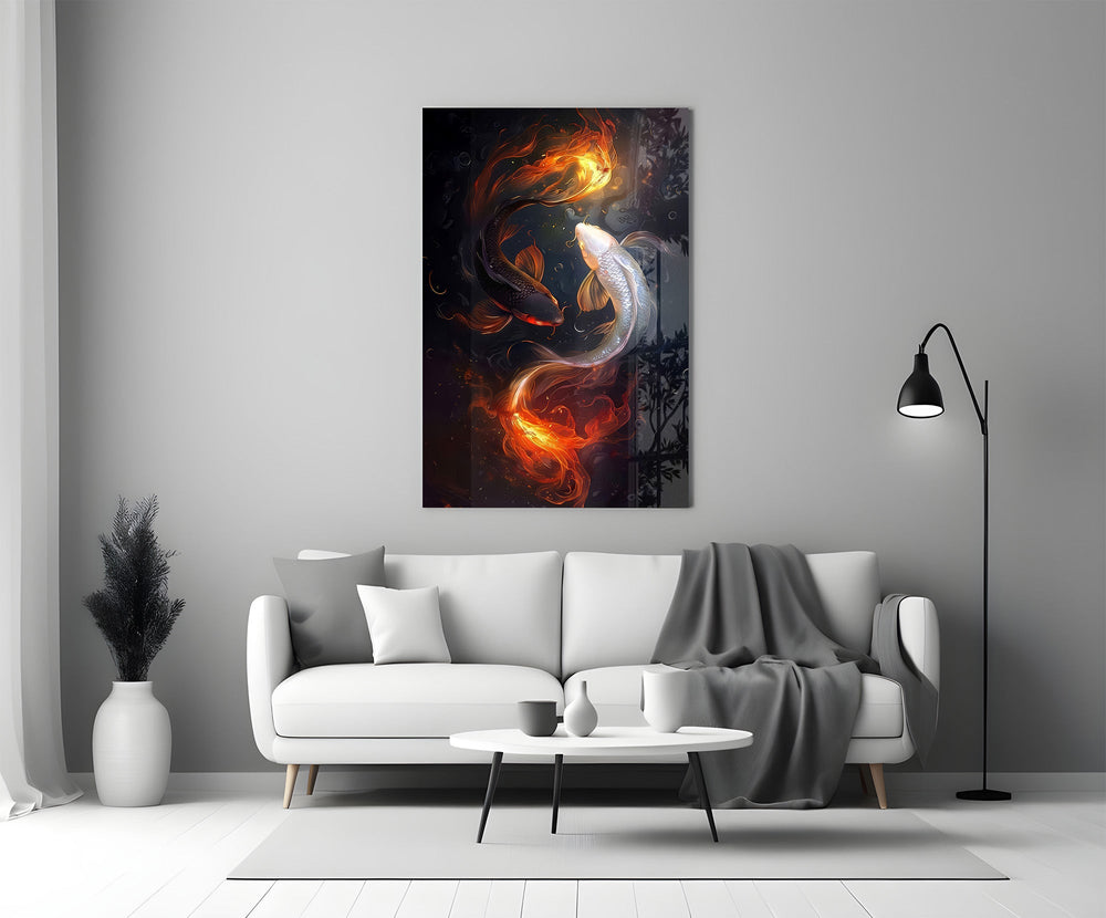 Fire and Silver Koi Yin Yang Glass Wall Art