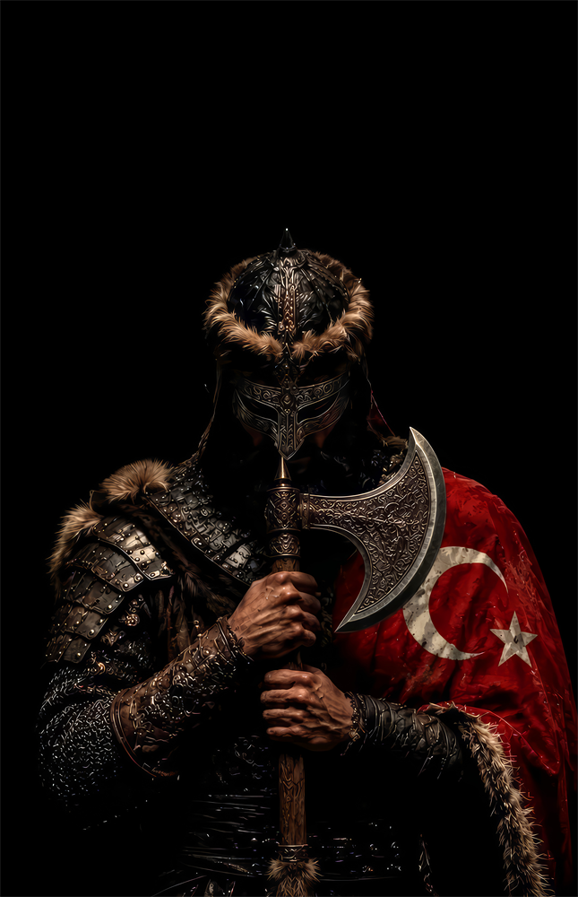 Turkic Warrior with Axe and Flag Glass Wall Art