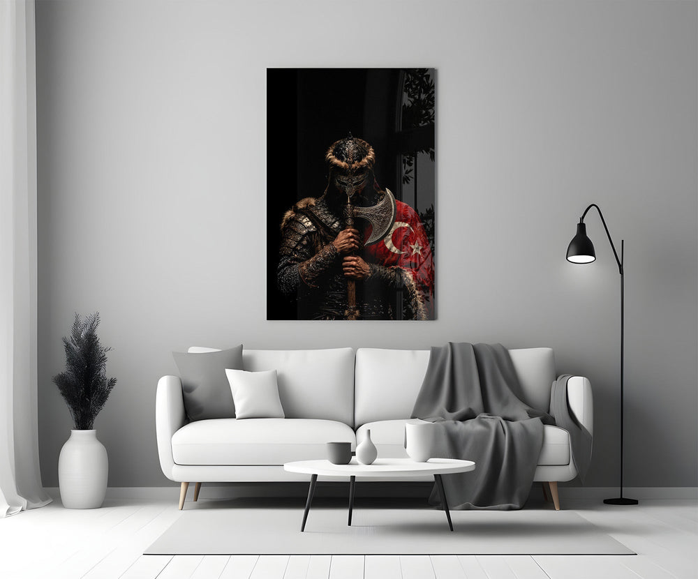 Turkic Warrior with Axe and Flag Glass Wall Art