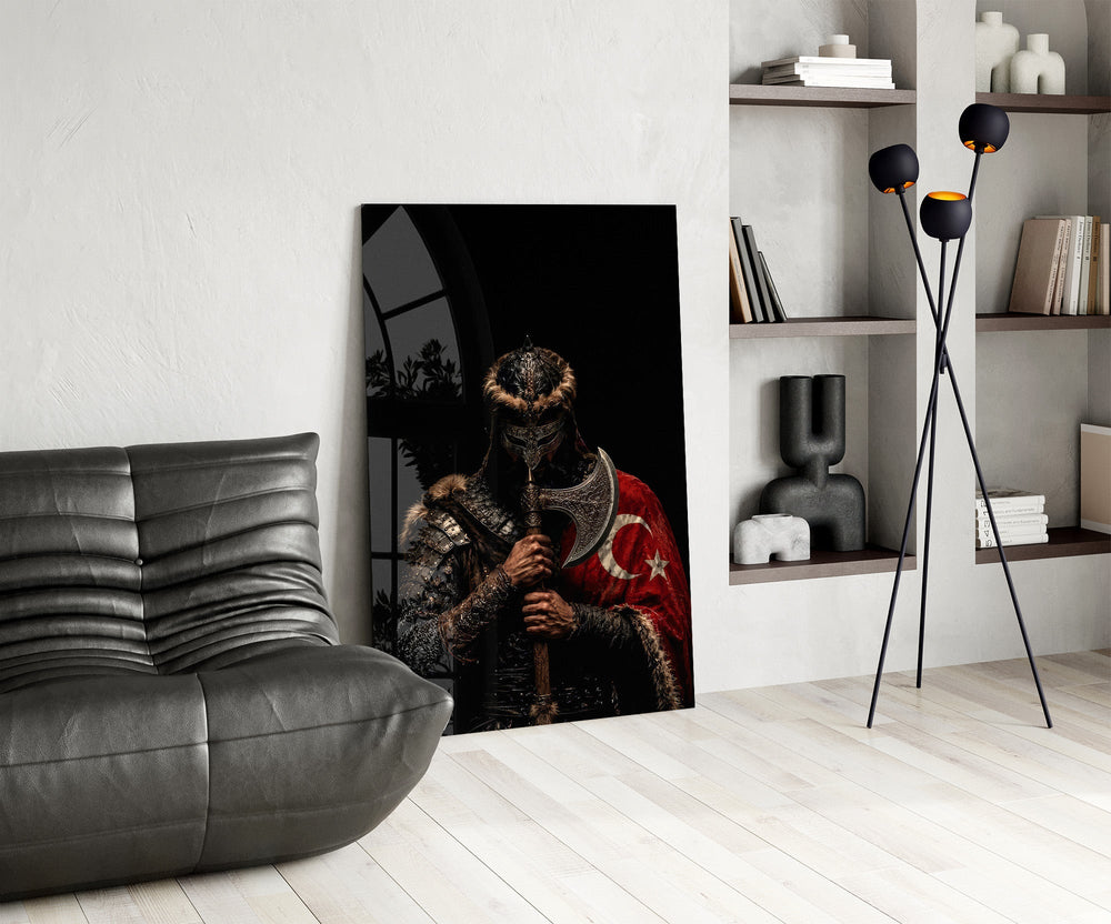 Turkic Warrior with Axe and Flag Glass Wall Art
