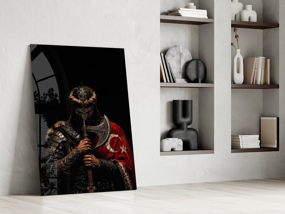 Turkic Warrior with Axe and Flag Glass Wall Art