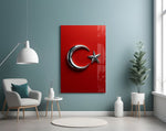 Chrome Crescent and Star on Red Glass Wall Art
