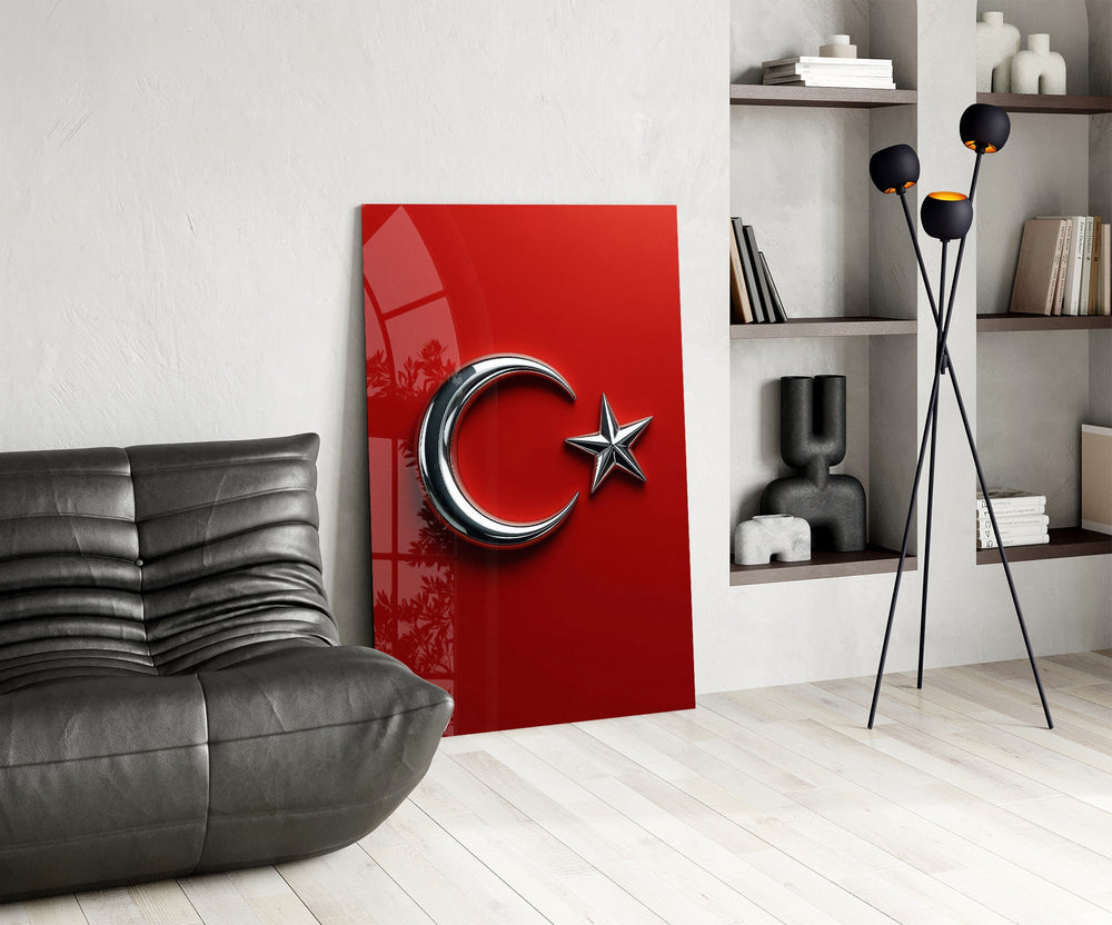 Chrome Crescent and Star on Red Glass Wall Art