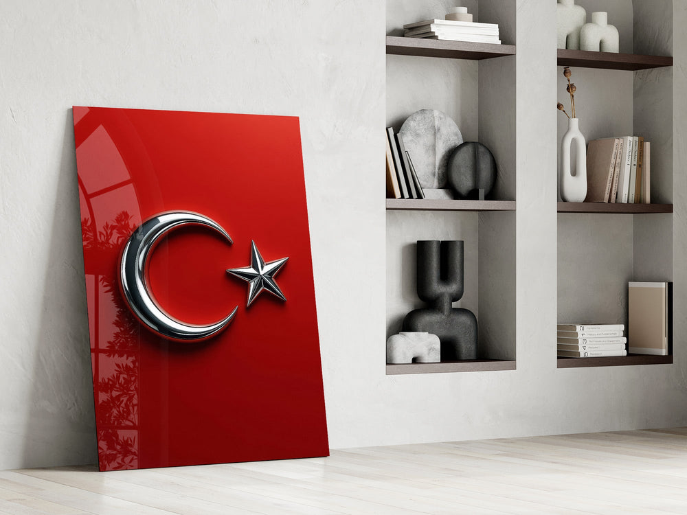 Chrome Crescent and Star on Red Glass Wall Art
