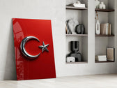 Chrome Crescent and Star on Red Glass Wall Art