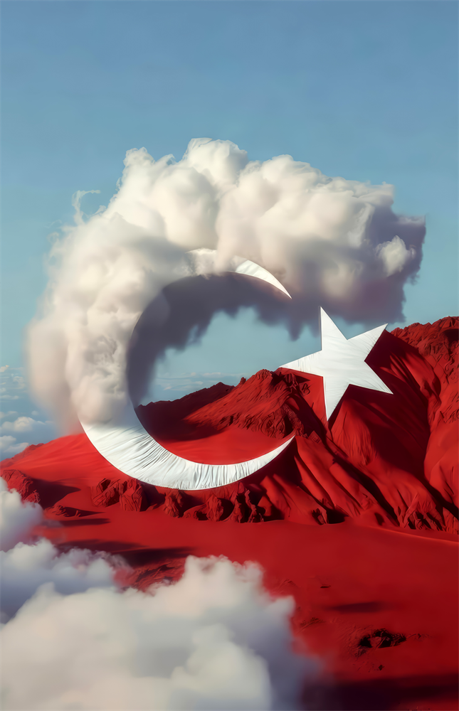 Cloud Crescent and Red Mountain Flag Surreal Glass Wall Art