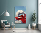 Cloud Crescent and Red Mountain Flag Surreal Glass Wall Art