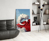 Cloud Crescent and Red Mountain Flag Surreal Glass Wall Art