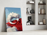Cloud Crescent and Red Mountain Flag Surreal Glass Wall Art