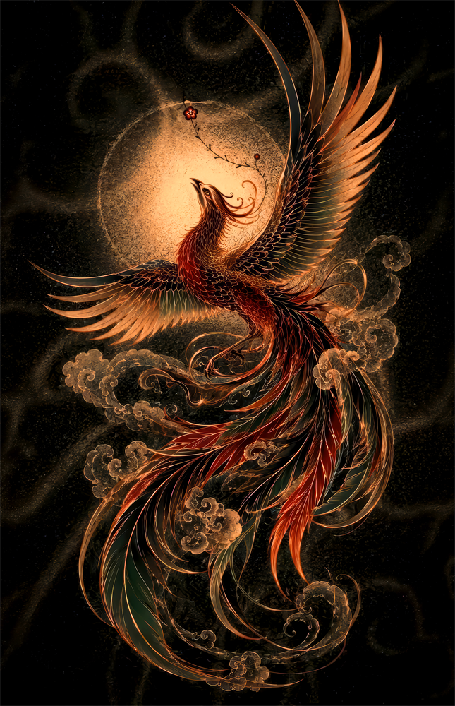 Rising Phoenix with Golden Moon Glass Wall Art
