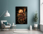 Rising Phoenix with Golden Moon Glass Wall Art