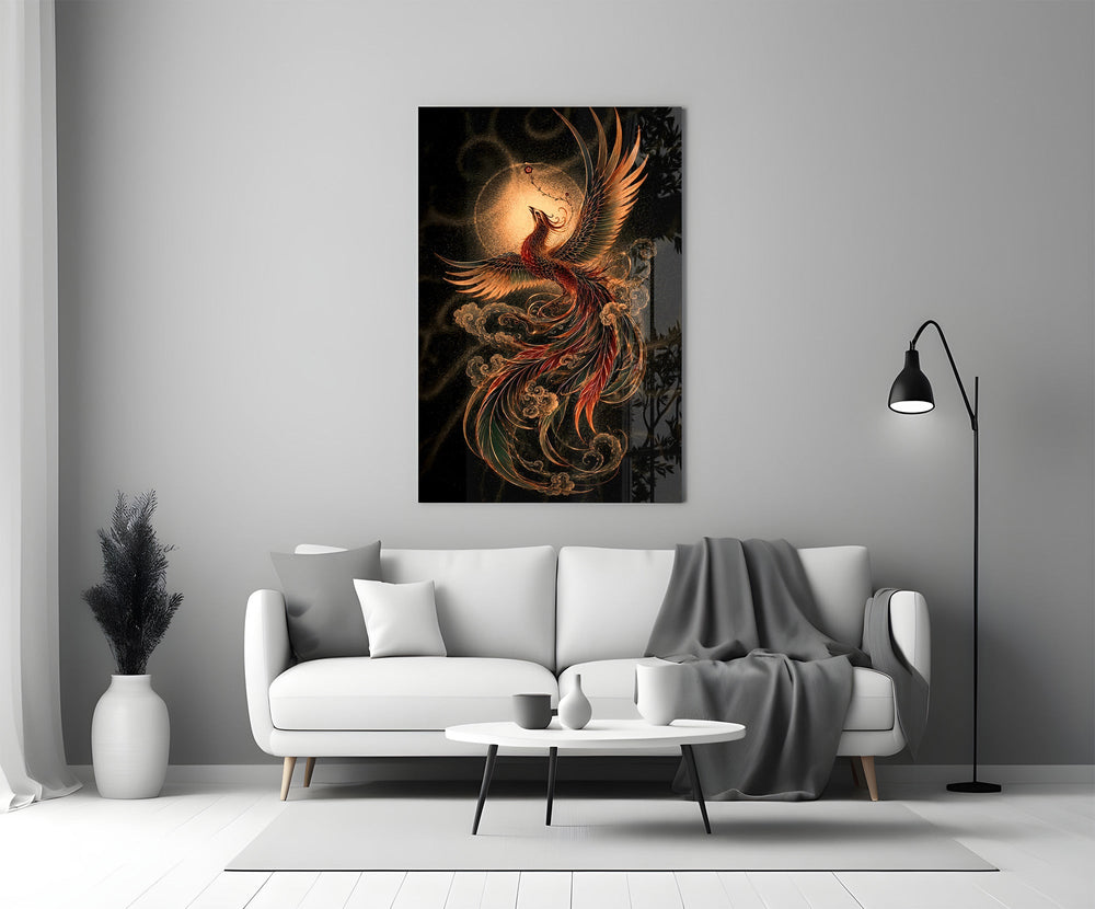 Rising Phoenix with Golden Moon Glass Wall Art