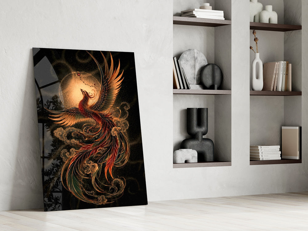 Rising Phoenix with Golden Moon Glass Wall Art