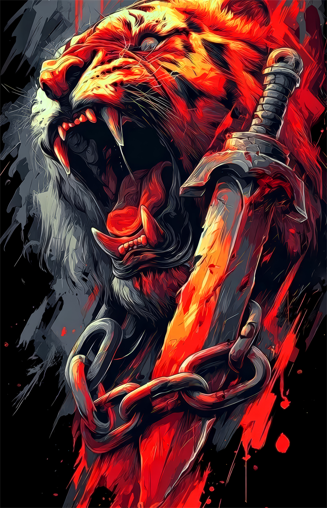 Roaring Tiger with Chained Sword Glass Wall Art